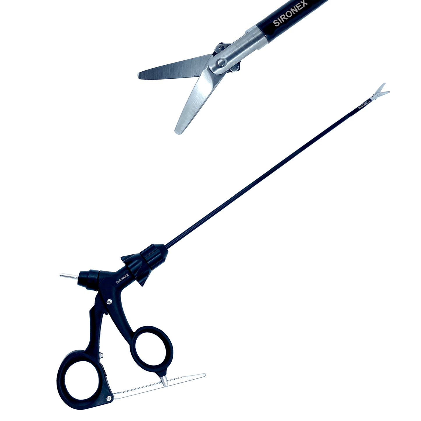 Sironex laparoscopic curved scissor 5mm reusable Storz compatible surgical instrument designed for precise cutting, tissue dissection, and controlled handling during minimally invasive laparoscopic procedures. Stainless steel autoclavable medical device with ergonomic handle and curved blade design for surgeons, hospitals, medical colleges, and surgical training applications.