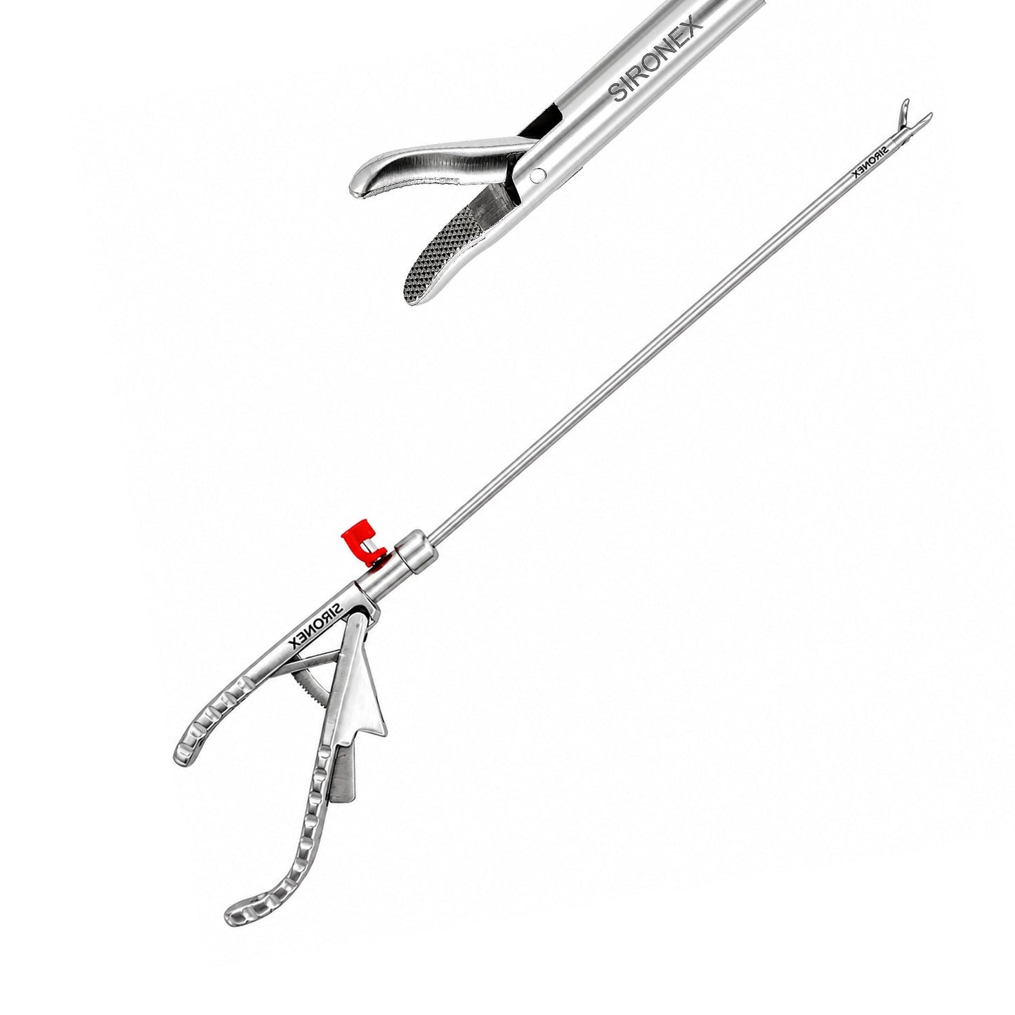 Sironex laparoscopic Ethicon curved needle holder 5mm reusable surgical instrument designed for precise suturing, secure needle gripping, and controlled handling during minimally invasive laparoscopic procedures. Stainless steel autoclavable medical device with ergonomic handle and curved jaw design for surgeons, hospitals, medical colleges, and surgical training applications.