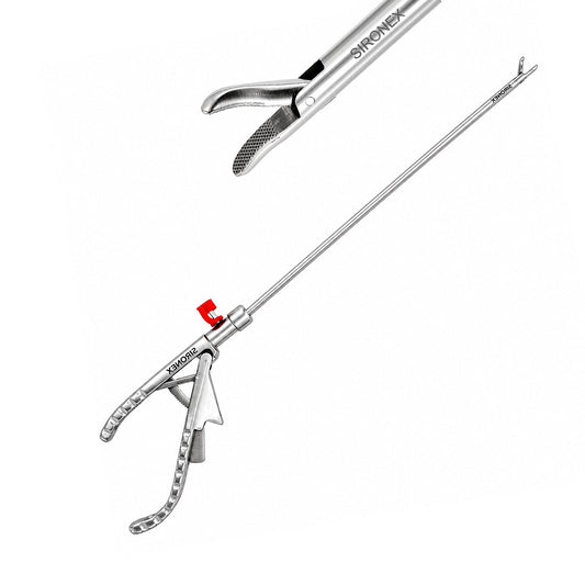 Sironex laparoscopic Ethicon curved needle holder 5mm reusable surgical instrument designed for precise suturing, secure needle gripping, and controlled handling during minimally invasive laparoscopic procedures. Stainless steel autoclavable medical device with ergonomic handle and curved jaw design for surgeons, hospitals, medical colleges, and surgical training applications.