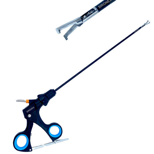 stainless steel forceps for minimally invasive procedures
angled surgical device for controlled dissection work
autoclavable medical instrument for operating room use
professional laparoscopic equipment for surgeons
advanced grasper for difficult access areas
precision surgical tool with ergonomic handling
medical forceps for secure tissue manipulation