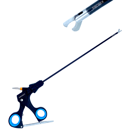 Sironex laparoscopic hook scissor 5mm reusable surgical instrument designed for precise cutting, tissue dissection, and controlled handling during minimally invasive laparoscopic procedures. Stainless steel autoclavable medical device with ergonomic grip and hook-style blade for surgeons, hospitals, medical colleges, and surgical training applications.