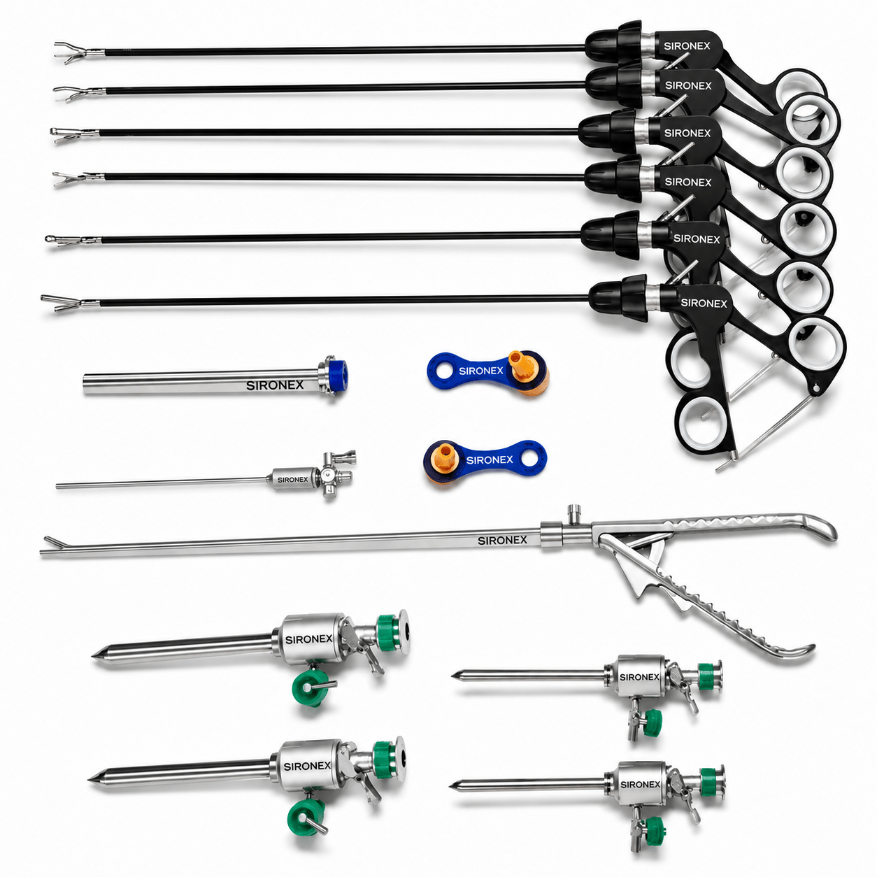 Sironex laparoscopic instruments set 16 piece 5mm reusable stainless steel surgical kit designed for minimally invasive procedures, precision handling, and professional operating room performance. Autoclavable medical instrument collection for surgeons, hospitals, medical colleges, laparoscopic training centers, and advanced surgical applications.