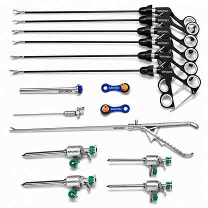 Sironex laparoscopic instruments set 16 piece 5mm reusable stainless steel surgical kit designed for minimally invasive procedures, precision handling, and professional operating room performance. Autoclavable medical instrument collection for surgeons, hospitals, medical colleges, laparoscopic training centers, and advanced surgical applications.