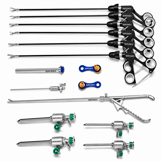 Sironex laparoscopic instruments set 16 piece 5mm reusable stainless steel surgical kit designed for minimally invasive procedures, precision handling, and professional operating room performance. Autoclavable medical instrument collection for surgeons, hospitals, medical colleges, laparoscopic training centers, and advanced surgical applications.