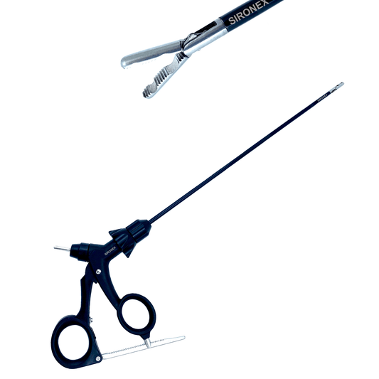 Sironex laparoscopic Maxi Fundus grasper 5mm reusable Storz compatible surgical forceps designed for atraumatic tissue grasping, controlled manipulation, and secure handling during minimally invasive laparoscopic procedures. Stainless steel autoclavable medical instrument with ergonomic handle and wide jaw design for surgeons, hospitals, medical colleges, and surgical training applications.