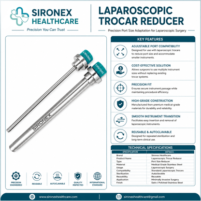 Sironex laparoscopic metal trocar reducer 10mm to 5mm reusable surgical accessory designed for port size conversion, secure instrument access, and CO₂ retention during minimally invasive laparoscopic procedures. Stainless steel autoclavable reducer compatible with standard trocar cannula systems.