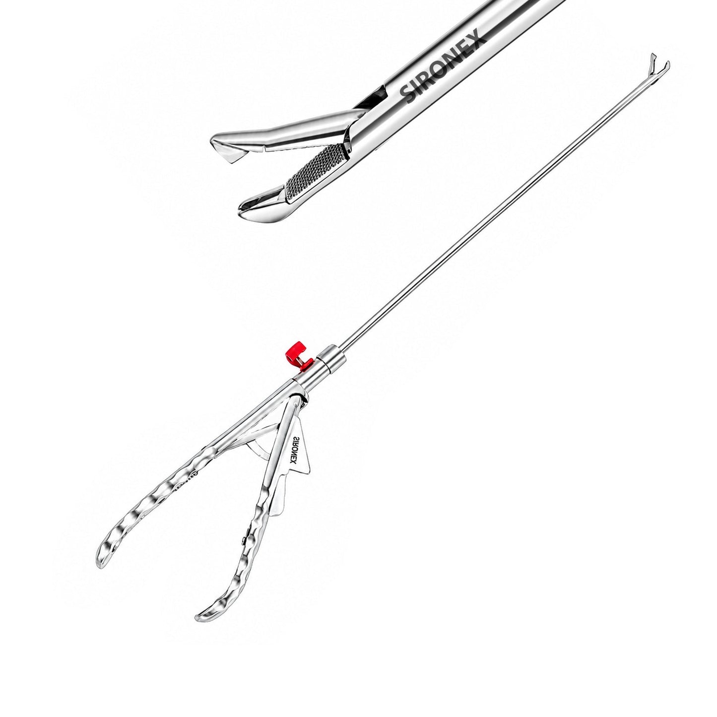 Sironex laparoscopic needle holder 5mm 1x2 tooth curved jaw reusable surgical instrument designed for precise needle control, intracorporeal suturing, and laparoscopic knot tying. Stainless steel autoclavable medical device with curved toothed jaws for secure needle gripping in hospitals, surgical centers, medical colleges, and laparoscopic training applications.