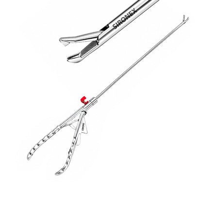 Sironex laparoscopic needle holder 5mm 1x2 tooth curved jaw reusable surgical instrument designed for precise needle control, intracorporeal suturing, and laparoscopic knot tying. Stainless steel autoclavable medical device with curved toothed jaws for secure needle gripping in hospitals, surgical centers, medical colleges, and laparoscopic training applications.