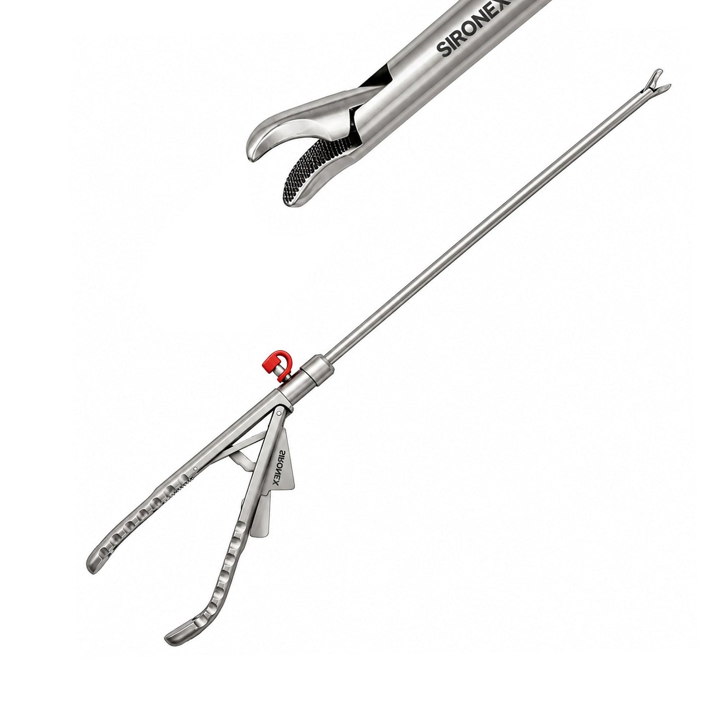 Sironex laparoscopic needle holder 5mm titanium curved jaw reusable surgical instrument designed for precise needle control, intracorporeal suturing, and laparoscopic knot tying. Lightweight titanium autoclavable medical device with curved jaws for enhanced needle positioning in hospitals, surgical centers, medical colleges, and laparoscopic training applications.
