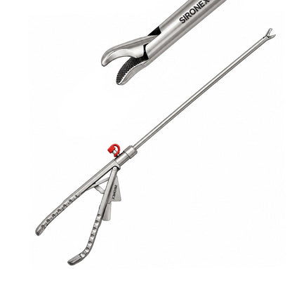 Sironex laparoscopic needle holder 5mm titanium curved jaw reusable surgical instrument designed for precise needle control, intracorporeal suturing, and laparoscopic knot tying. Lightweight titanium autoclavable medical device with curved jaws for enhanced needle positioning in hospitals, surgical centers, medical colleges, and laparoscopic training applications.