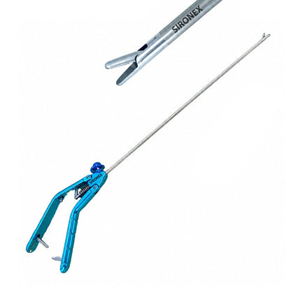 Sironex laparoscopic needle holder 5mm driver blue handle reusable surgical instrument designed for precise needle control, intracorporeal suturing, and laparoscopic knot tying. Stainless steel autoclavable medical device with ergonomic blue handle design for surgeons, hospitals, medical colleges, and laparoscopic training applications.