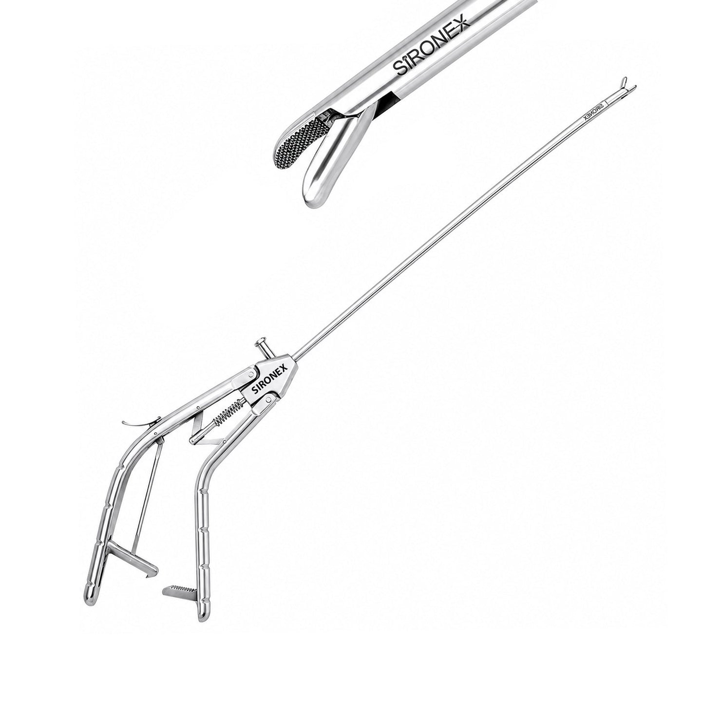 Sironex laparoscopic needle holder 5mm gun V type handle reusable surgical instrument designed for precise needle control, intracorporeal suturing, and laparoscopic knot tying. Stainless steel autoclavable medical device with ergonomic gun handle design for surgeons, hospitals, medical colleges, and laparoscopic training applications.