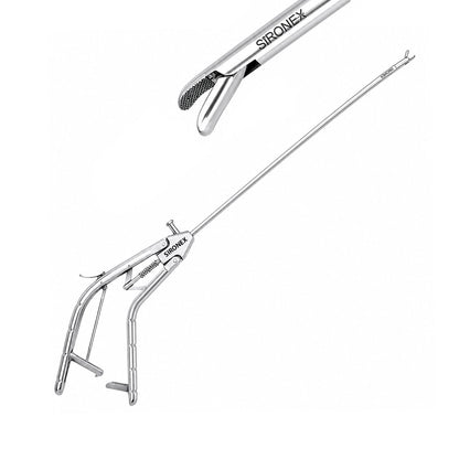 Sironex laparoscopic needle holder 5mm gun V type handle reusable surgical instrument designed for precise needle control, intracorporeal suturing, and laparoscopic knot tying. Stainless steel autoclavable medical device with ergonomic gun handle design for surgeons, hospitals, medical colleges, and laparoscopic training applications.