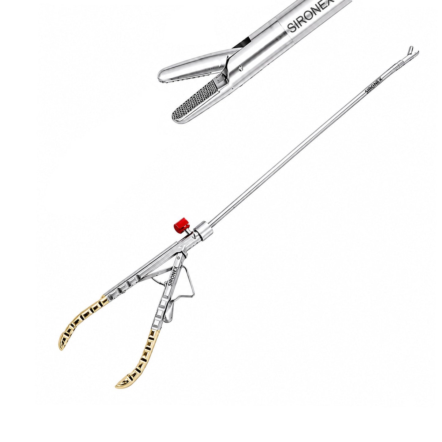 Sironex laparoscopic needle holder straight golden handle 5mm reusable surgical instrument designed for precise needle control, intracorporeal suturing, and laparoscopic knot tying. Stainless steel autoclavable medical device with tungsten carbide insert jaws and gold handle for surgeons, hospitals, medical colleges, and laparoscopic training applications.