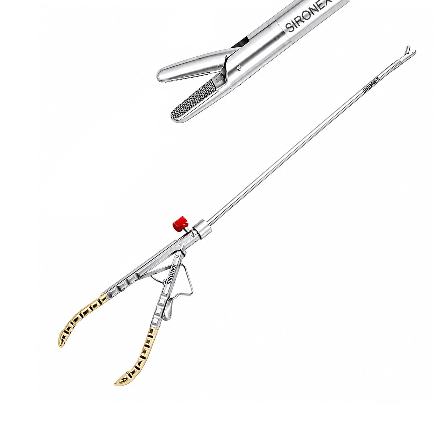 Sironex laparoscopic needle holder straight golden handle 5mm reusable surgical instrument designed for precise needle control, intracorporeal suturing, and laparoscopic knot tying. Stainless steel autoclavable medical device with tungsten carbide insert jaws and gold handle for surgeons, hospitals, medical colleges, and laparoscopic training applications.