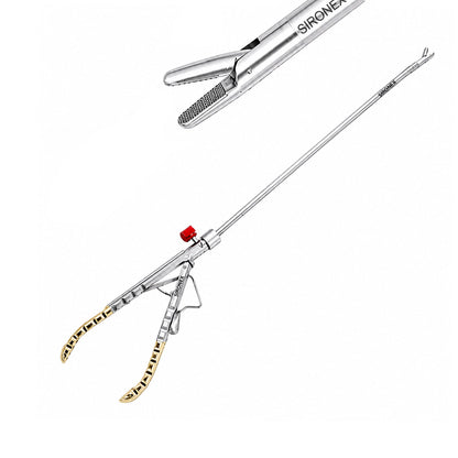 Sironex laparoscopic needle holder straight golden handle 5mm reusable surgical instrument designed for precise needle control, intracorporeal suturing, and laparoscopic knot tying. Stainless steel autoclavable medical device with tungsten carbide insert jaws and gold handle for surgeons, hospitals, medical colleges, and laparoscopic training applications.