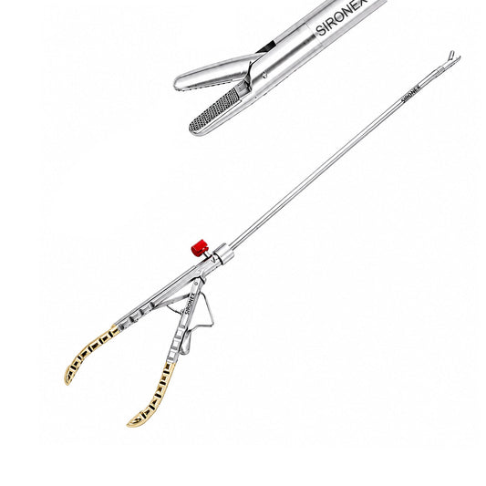 Sironex laparoscopic needle holder straight golden handle 5mm reusable surgical instrument designed for precise needle control, intracorporeal suturing, and laparoscopic knot tying. Stainless steel autoclavable medical device with tungsten carbide insert jaws and gold handle for surgeons, hospitals, medical colleges, and laparoscopic training applications.