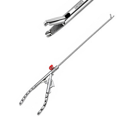 Sironex laparoscopic needle holder 5mm 1x2 tooth reusable surgical instrument designed for precise needle control, intracorporeal suturing, and laparoscopic knot tying. Stainless steel autoclavable medical device with toothed jaws for secure needle gripping in hospitals, surgical centers, medical colleges, and laparoscopic training applications.