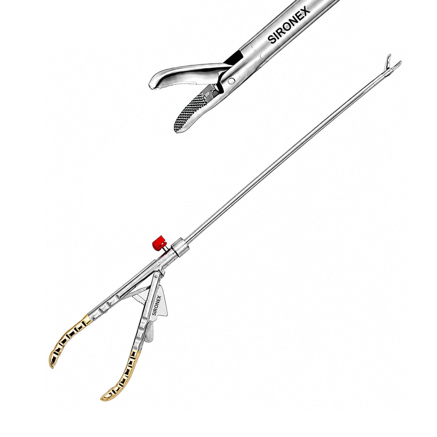 Sironex laparoscopic needle holder curved jaw golden handle 5mm reusable surgical instrument designed for precise needle control, intracorporeal suturing, and laparoscopic knot tying. Stainless steel autoclavable medical device with tungsten carbide insert jaws and curved tip design for surgeons, hospitals, medical colleges, and laparoscopic training applications.