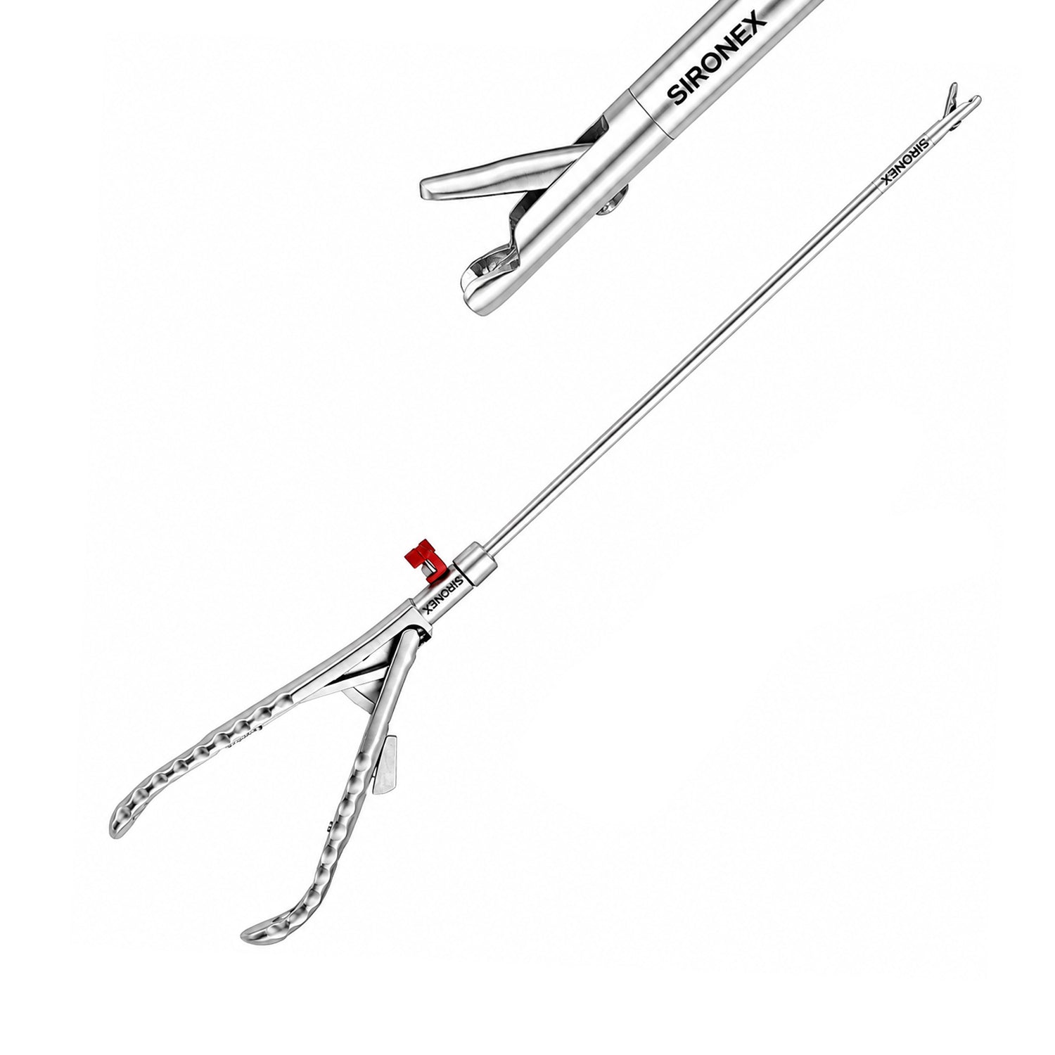Sironex laparoscopic self aligning needle holder 5mm reusable surgical instrument designed for precise needle control, intracorporeal suturing, and laparoscopic knot tying during minimally invasive procedures. Stainless steel autoclavable medical device with self-aligning jaw mechanism for surgeons, hospitals, medical colleges, and laparoscopic training applications.