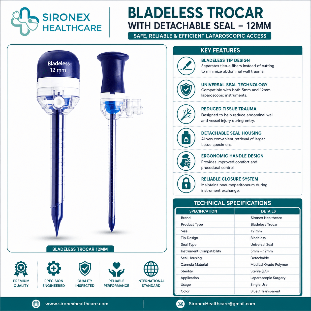 Sironex laparoscopic disposable optical bladeless trocar 12mm designed for safe abdominal access, optical entry visualization, and controlled trocar placement during minimally invasive surgical procedures. Sterile single-use access port system suitable for hospitals, surgical centers, and laparoscopic operating rooms.