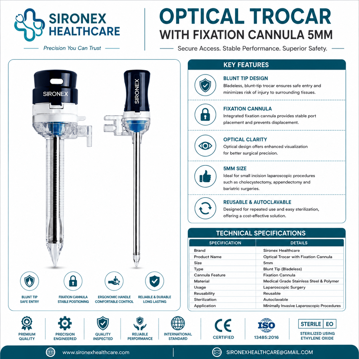 Sironex optical trocar with fixation cannula 5mm reusable laparoscopic access instrument designed for controlled abdominal entry, enhanced visualization, and stable port fixation during minimally invasive surgical procedures. Stainless steel autoclavable access system suitable for hospitals, surgical centers, and laparoscopic operating rooms.
