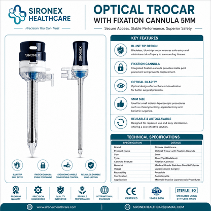 Sironex optical trocar with fixation cannula 5mm reusable laparoscopic access instrument designed for controlled abdominal entry, enhanced visualization, and stable port fixation during minimally invasive surgical procedures. Stainless steel autoclavable access system suitable for hospitals, surgical centers, and laparoscopic operating rooms.