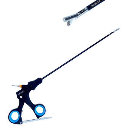Sironex laparoscopic Oval Bowl grasper 5mm reusable surgical instrument designed for atraumatic tissue grasping, controlled manipulation, and smooth handling during minimally invasive laparoscopic procedures. Stainless steel autoclavable medical device with ergonomic handle and oval bowl jaw design for surgeons, hospitals, medical students, and surgical training applications.