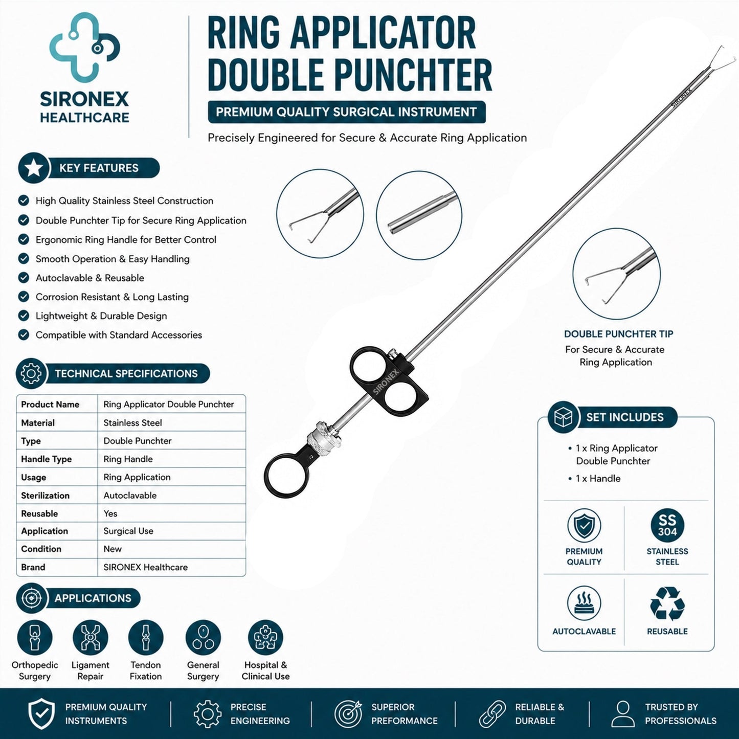 Sironex laparoscopic ring band applicator double pusher 5mm reusable surgical instrument designed for precise ligation band deployment and controlled handling during minimally invasive procedures. Stainless steel autoclavable medical device with ergonomic grip and double pusher mechanism for surgeons, hospitals, medical colleges, and laparoscopic training applications.