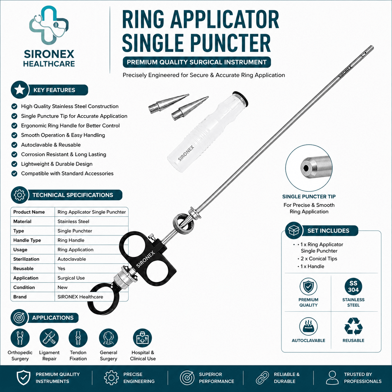 Sironex laparoscopic ring band applicator single pusher 5mm reusable surgical instrument designed for precise ligation band deployment and controlled handling during minimally invasive procedures. Stainless steel autoclavable medical device with ergonomic grip for surgeons, hospitals, medical colleges, and laparoscopic training applications.