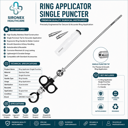 Sironex laparoscopic ring band applicator single pusher 5mm reusable surgical instrument designed for precise ligation band deployment and controlled handling during minimally invasive procedures. Stainless steel autoclavable medical device with ergonomic grip for surgeons, hospitals, medical colleges, and laparoscopic training applications.
