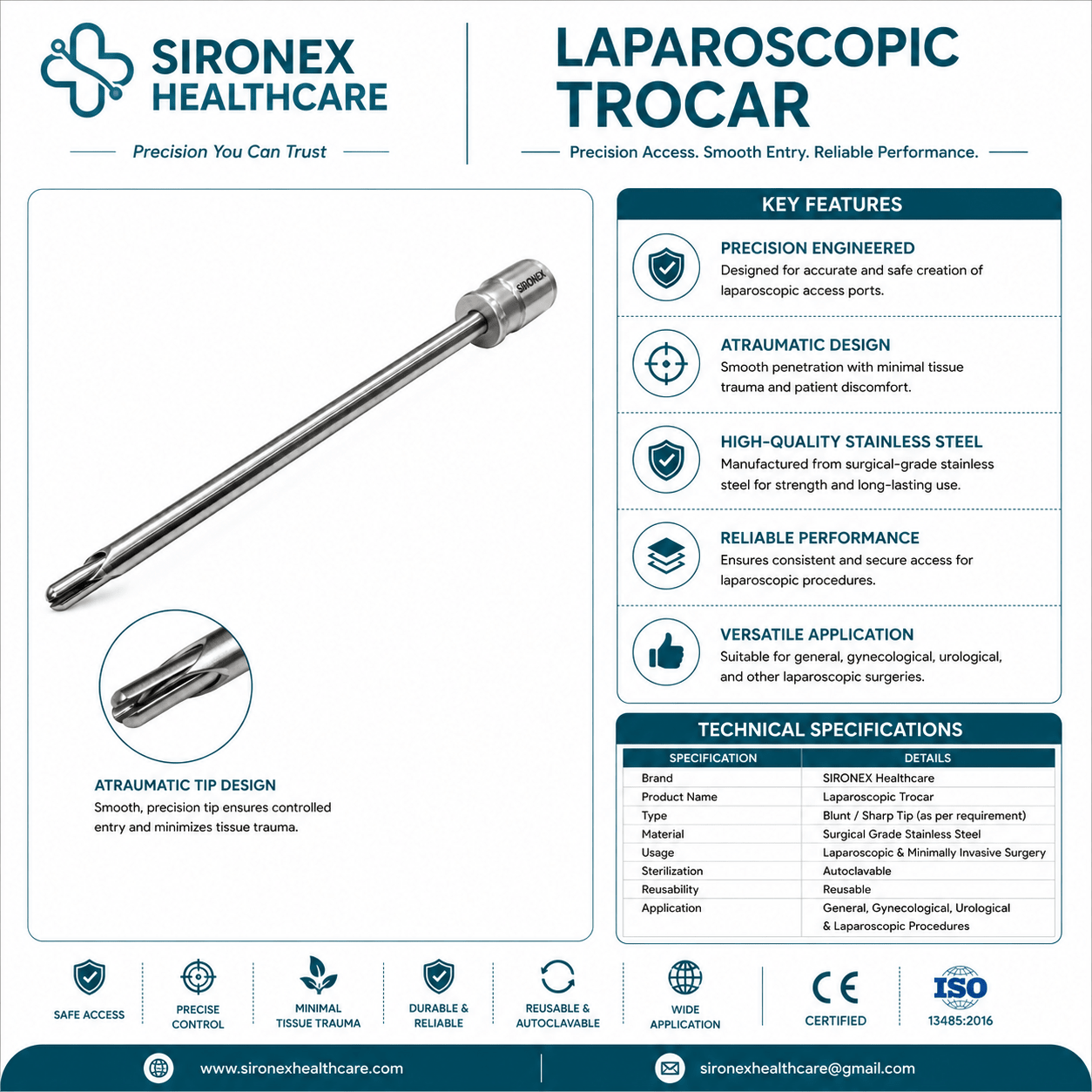 Sironex laparoscopic safety trocar 3 dhari blunt 5mm reusable surgical access system designed for controlled abdominal entry, reduced tissue trauma, and secure laparoscopic instrument access during minimally invasive surgical procedures. Stainless steel autoclavable trocar and cannula set for hospitals, surgical centers, and operating rooms.