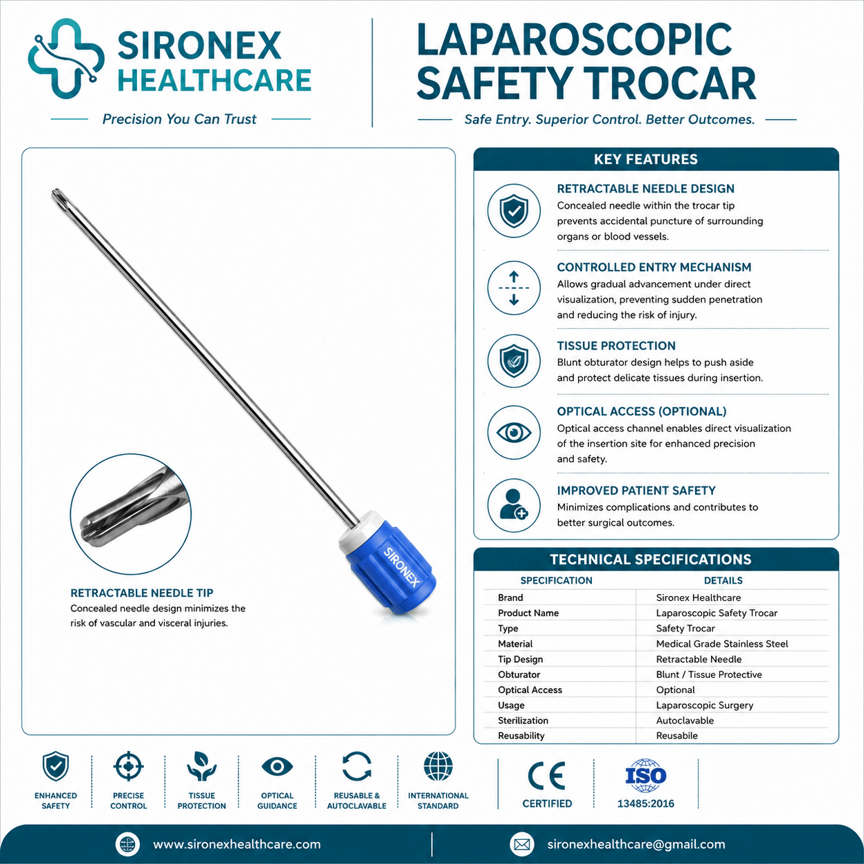 Sironex laparoscopic safety trocar 5mm reusable surgical access system designed for controlled abdominal entry, reduced tissue trauma, and secure instrument access during minimally invasive laparoscopic procedures. Stainless steel autoclavable trocar and cannula set suitable for hospitals, surgical centers, and operating rooms.