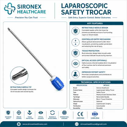 Sironex laparoscopic safety trocar 5mm reusable surgical access system designed for controlled abdominal entry, reduced tissue trauma, and secure instrument access during minimally invasive laparoscopic procedures. Stainless steel autoclavable trocar and cannula set suitable for hospitals, surgical centers, and operating rooms.