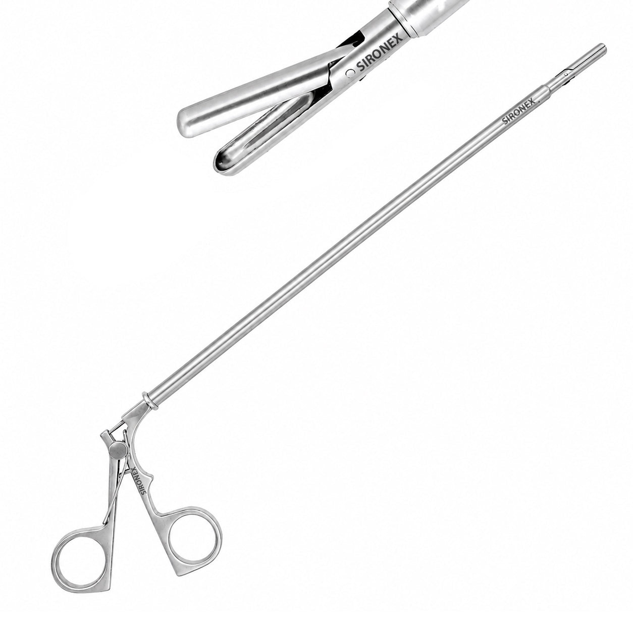 Sironex laparoscopic spoon forceps 5mm reusable surgical instrument designed for atraumatic tissue handling, specimen retrieval, and controlled manipulation during minimally invasive laparoscopic procedures. Stainless steel autoclavable medical device with ergonomic handle and spoon-shaped jaw for surgeons, hospitals, medical colleges, and surgical training applications.