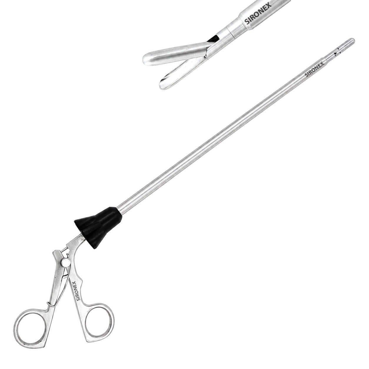 Sironex laparoscopic spoon forceps 5mm rotatable reusable surgical instrument designed for atraumatic tissue handling, specimen retrieval, and controlled manipulation during minimally invasive laparoscopic procedures. Stainless steel autoclavable medical device with 360-degree rotation and spoon-shaped jaw for surgeons, hospitals, medical colleges, and surgical training applications.