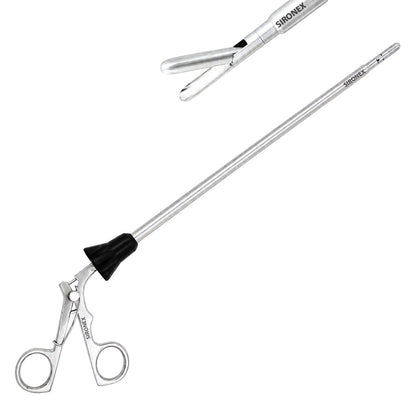 Sironex laparoscopic spoon forceps 5mm rotatable reusable surgical instrument designed for atraumatic tissue handling, specimen retrieval, and controlled manipulation during minimally invasive laparoscopic procedures. Stainless steel autoclavable medical device with 360-degree rotation and spoon-shaped jaw for surgeons, hospitals, medical colleges, and surgical training applications.