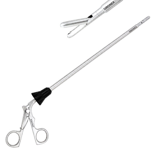 Sironex laparoscopic spoon forceps 5mm rotatable reusable surgical instrument designed for atraumatic tissue handling, specimen retrieval, and controlled manipulation during minimally invasive laparoscopic procedures. Stainless steel autoclavable medical device with 360-degree rotation and spoon-shaped jaw for surgeons, hospitals, medical colleges, and surgical training applications.