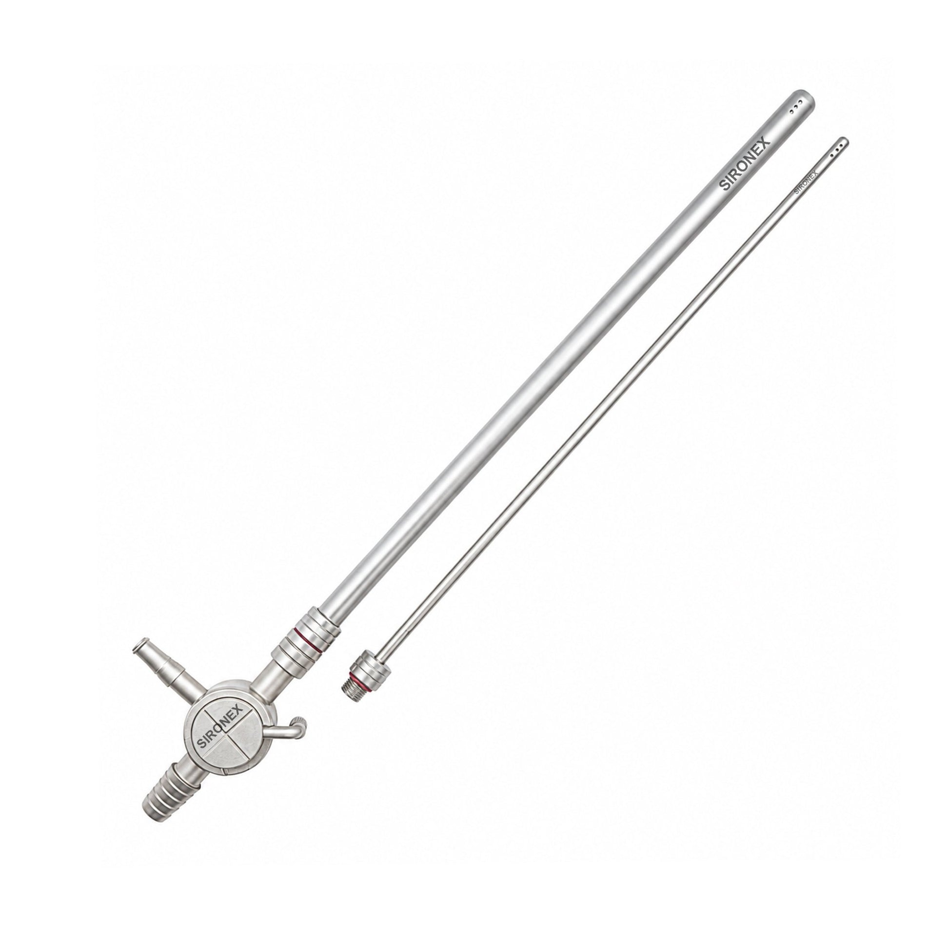 Sironex laparoscopic thumb control suction irrigation cannula 10mm to 5mm reusable surgical instrument designed for fluid aspiration, irrigation, smoke evacuation, and surgical field management during minimally invasive laparoscopic procedures. Stainless steel autoclavable medical device with thumb-operated flow control for hospitals, surgeons, medical colleges, and surgical training applications.
