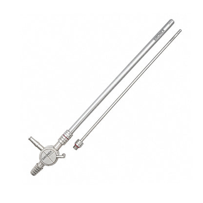 Sironex laparoscopic thumb control suction irrigation cannula 10mm to 5mm reusable surgical instrument designed for fluid aspiration, irrigation, smoke evacuation, and surgical field management during minimally invasive laparoscopic procedures. Stainless steel autoclavable medical device with thumb-operated flow control for hospitals, surgeons, medical colleges, and surgical training applications.