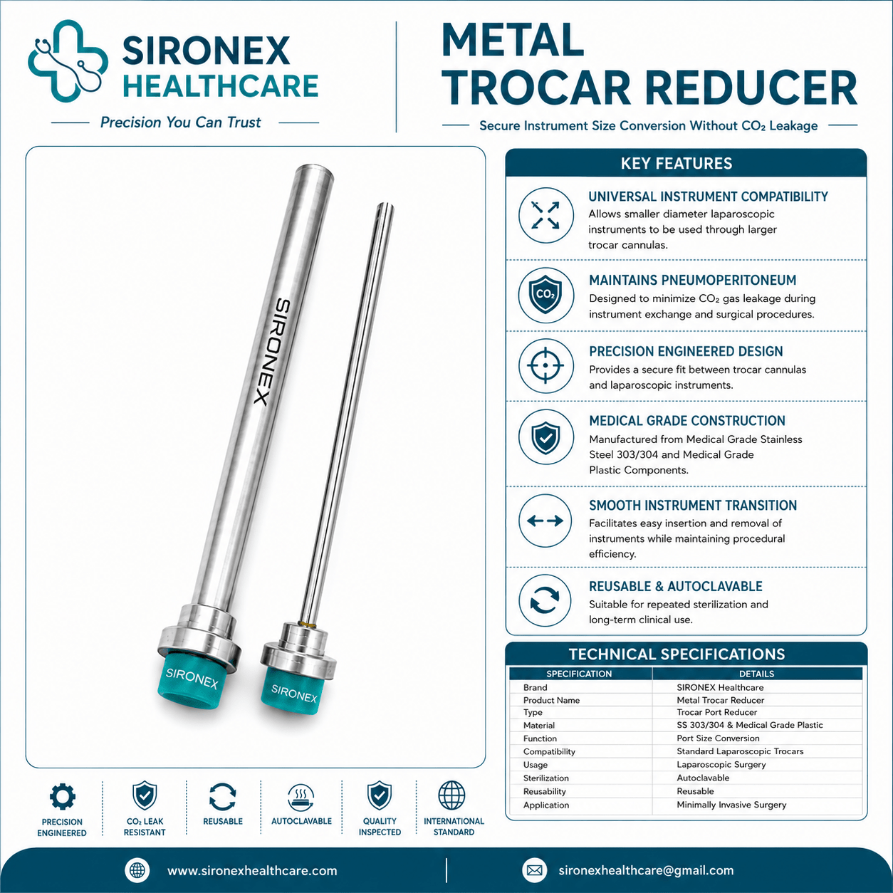 Sironex laparoscopic metal trocar reducer 10mm to 5mm reusable stainless steel adapter designed for converting 10mm trocar ports to 5mm laparoscopic instrument access while maintaining pneumoperitoneum and reducing CO₂ leakage during minimally invasive surgical procedures in hospitals and operating rooms.
