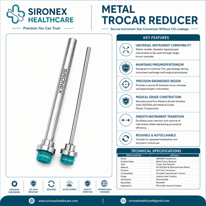 Sironex laparoscopic metal trocar reducer 10mm to 5mm reusable stainless steel adapter designed for converting 10mm trocar ports to 5mm laparoscopic instrument access while maintaining pneumoperitoneum and reducing CO₂ leakage during minimally invasive surgical procedures in hospitals and operating rooms.