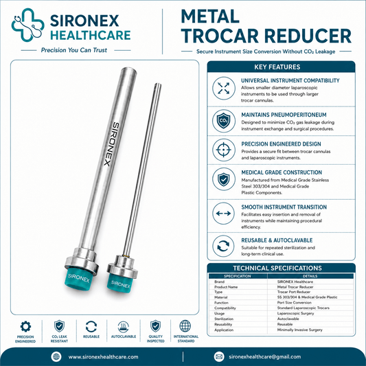 Sironex laparoscopic metal trocar reducer 10mm to 5mm reusable stainless steel adapter designed for converting 10mm trocar ports to 5mm laparoscopic instrument access while maintaining pneumoperitoneum and reducing CO₂ leakage during minimally invasive surgical procedures in hospitals and operating rooms.