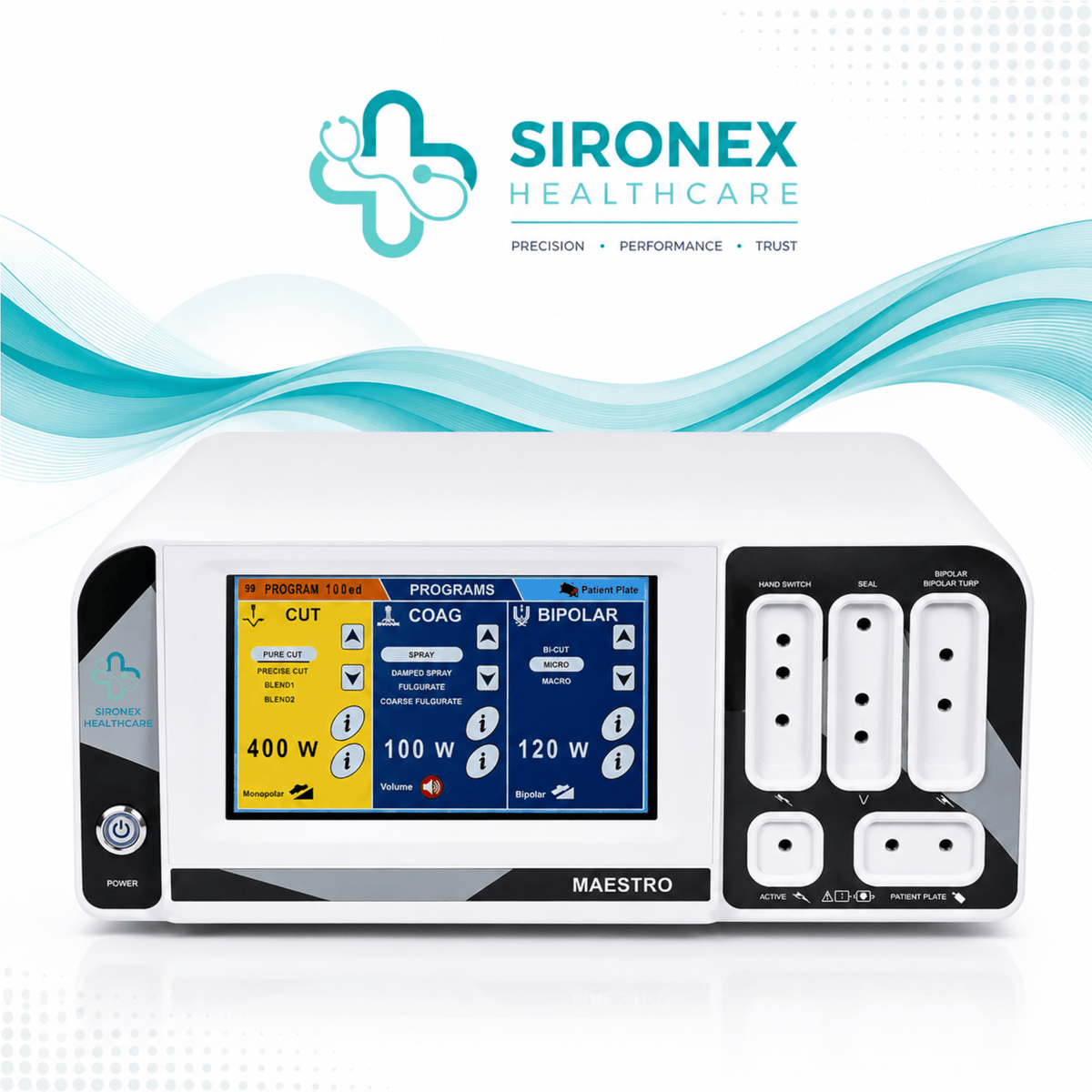 Main Product Image
SIRONEX MAESTRO 400W Bipolar TURP System and Electrosurgical Generator
Front Product Image
SIRONEX MAESTRO Bipolar TURP Electrosurgical Unit with Touchscreen Display
Control Panel
SIRONEX MAESTRO 400W Electrosurgical Generator Touchscreen Control Panel
Technical Specification Image
SIRONEX MAESTRO 400W Bipolar TURP System Technical Specifications
Bipolar TURP Image
SIRONEX MAESTRO Bipolar TURP and Saline Plasma Resection System
Vessel Sealer Image
SIRONEX MAESTRO 150W Vessel Sealing Mode 