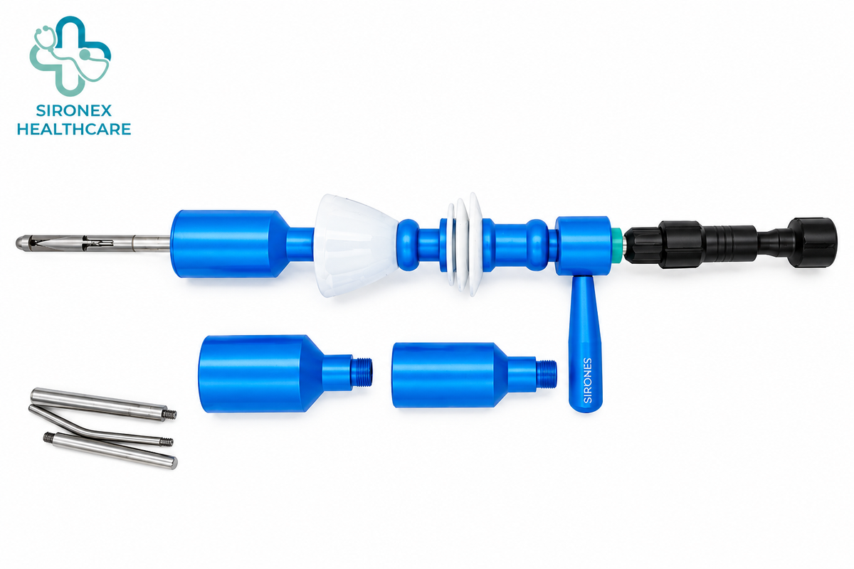 Sironex Healthcare Laparoscopic Mangeshkar Type Uterine Manipulator featuring a blue handle assembly, elongated metal shaft, and additional components for gynecological surgical procedures.