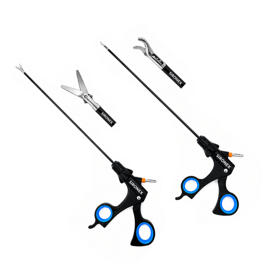 Sironex laparoscopic Maryland grasper and curved scissor set 5mm x 330mm reusable surgical instrument kit designed for tissue grasping, dissection, cutting, and minimally invasive laparoscopic procedures. Stainless steel autoclavable instrument set suitable for hospitals, operating rooms, medical colleges, laparoscopic training, and general surgery applications.