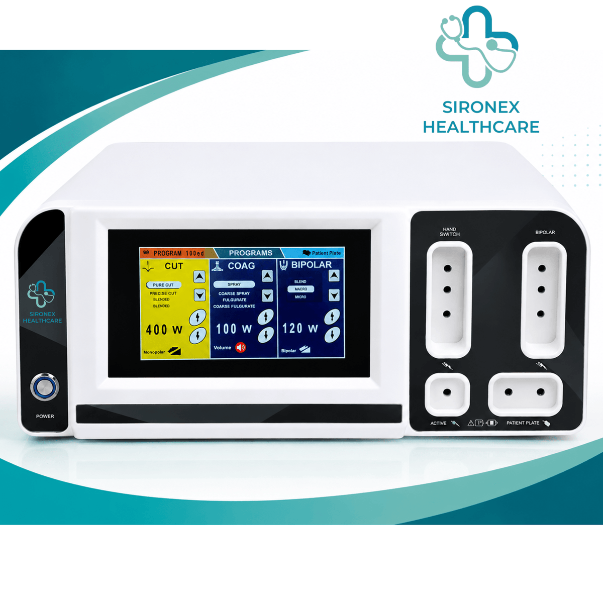 Main Product Image
SIRONEX MAXIMA 400W Electrosurgical Unit Monopolar Bipolar Cautery
Front Product Image
SIRONEX MAXIMA 400W Electrosurgical Generator with Touchscreen Display
Control Panel
SIRONEX MAXIMA Electrosurgical Unit Touchscreen Control Panel
Technical Specification Image
SIRONEX MAXIMA 400W Electrosurgical Unit Technical Specifications
Monopolar Modes Image
SIRONEX MAXIMA Monopolar Cutting and Coagulation Modes
Bipolar Modes Image
SIRONEX MAXIMA Bipolar Micro Macro Bi-Coag and Bi-Cut Modes
Perfor