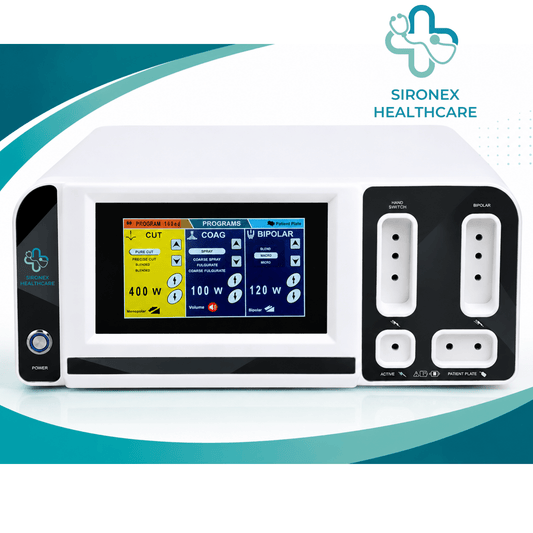 Main Product Image
SIRONEX MAXIMA 400W Electrosurgical Unit Monopolar Bipolar Cautery
Front Product Image
SIRONEX MAXIMA 400W Electrosurgical Generator with Touchscreen Display
Control Panel
SIRONEX MAXIMA Electrosurgical Unit Touchscreen Control Panel
Technical Specification Image
SIRONEX MAXIMA 400W Electrosurgical Unit Technical Specifications
Monopolar Modes Image
SIRONEX MAXIMA Monopolar Cutting and Coagulation Modes
Bipolar Modes Image
SIRONEX MAXIMA Bipolar Micro Macro Bi-Coag and Bi-Cut Modes
Perfor