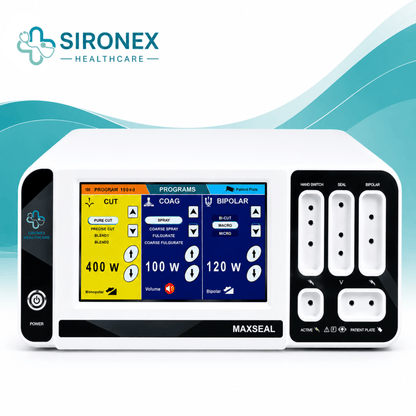 Main Product Image
SIRONEX MAXSEAL 400W Electrosurgical Unit and Vessel Sealer
Front Product Image
SIRONEX MAXSEAL 400W Monopolar Bipolar Electrosurgical Generator
Control Panel
SIRONEX MAXSEAL Electrosurgical Unit Touchscreen Control Panel
Technical Specification Image
SIRONEX MAXSEAL 400W Electrosurgical and Vessel Sealing System Technical Specifications
Monopolar Modes Image
SIRONEX MAXSEAL Monopolar Cutting and Coagulation Modes
Bipolar Modes Image
SIRONEX MAXSEAL Bipolar Micro Macro Bi-Coag and Bi-Cut 