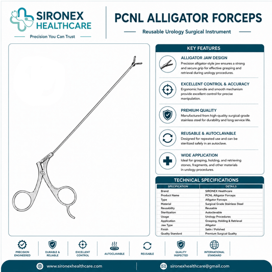 Sironex PCNL alligator forceps reusable urology surgical instrument designed for kidney stone retrieval, foreign body extraction, and precise tissue grasping during percutaneous nephrolithotomy and endourology procedures. Stainless steel autoclavable medical device for hospitals, urology centers, surgical clinics, medical colleges, and endoscopic surgery applications.
